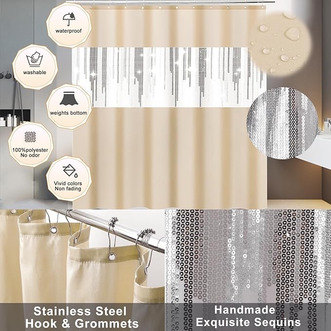 Beige Bathroom Accessories Set with Glitter Shower Curtain and Rugs,Bathroom Sets with Extra Soft and Absorbent Bath Rugs Sequin Shower Curtain Green Bathroom Sets for Bath Decor