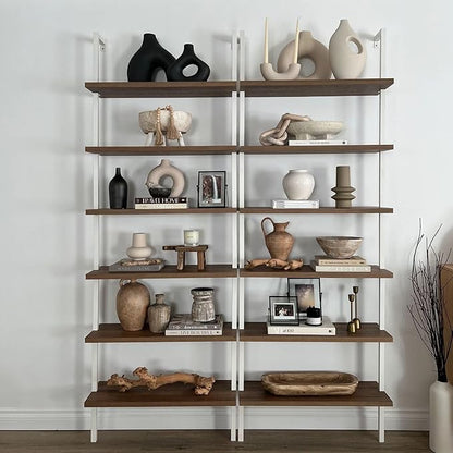 Nathan James Theo 6-Shelf Tall Bookcase, Wall Mount Bookshelf with Natural Wood Finish and Industrial Metal Frame, Rustic Oak/White, Set of 2