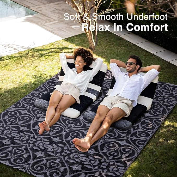 OLANLY Outdoor Rug Waterproof 5x8 ft Clearance, Reversible Outdoor Plastic Straw Rug with Floral Pattern, RV Mat for Patio, Camping, Balcony, Deck, Backyard, Black & Grey