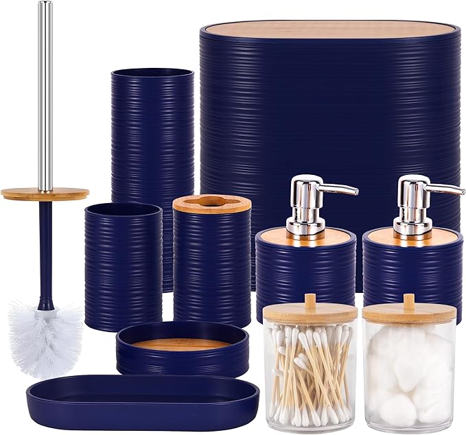 Bathroom Accessory Set,10 PCS Navy Blue Bathroom Set with Trash Can,Toothbrush Holder,Soap Dispenser,Toothbrush Cup,Vanity Tray,Soap Dish,Toilet Brush,Qtip Holders