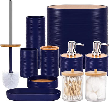 Bathroom Accessory Set,10 PCS Navy Blue Bathroom Set with Trash Can,Toothbrush Holder,Soap Dispenser,Toothbrush Cup,Vanity Tray,Soap Dish,Toilet Brush,Qtip Holders