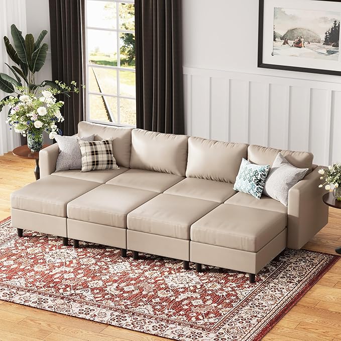 118.5" Luxury Modular Sleeper Sofa Bed with Storage Seat, 8 Seat Sectional Couch Deep Seat with Reversible Chaises & Removable Cover - Whitesand Faux Leather