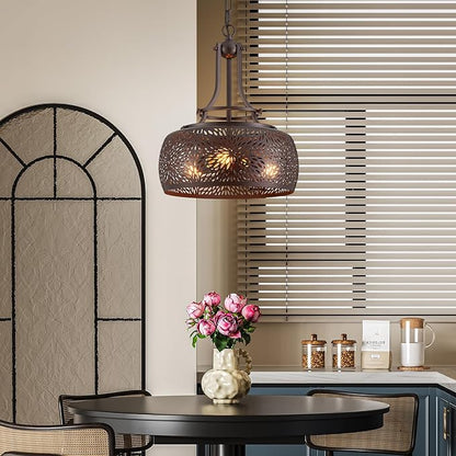 WUZUPS Chandelier Rustic Farmhouse Industrial Round Ceiling Pendant LED Light Fixture with Later-Cut Openwork Drum Shade, H 15.7" x W 13.4", Oil Rubbed Bronze