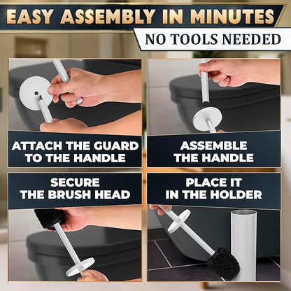 Stainless Steel Toilet Brush and Holder Set White - Long Handle Toilet Bowl Cleaner Brush and Holder - Removable Inner Liner, Shiny Design, Splash Protection & Dense Bristles for Bathroom Cleaning