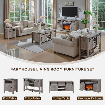 OKD Farmhouse End Table with Charging Station, 18" Rustic Nightstand with Adjustable Storage Shelf, Wood Rustic Wood Sofa Side Table for Bedroom