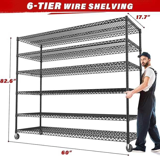 REIBII 60''W X 82.6" H Steel Heavy Duty Wire Shelving Unit with Wheels, 6-Tier Adjustable Storage Shelves 3598LBS Commercial Metal Shelves for Pantry, Garage, College Dorm School Industrial Shelving