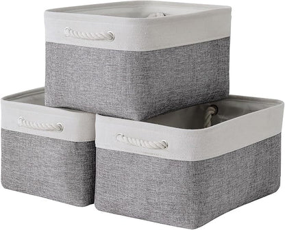 TheWarmHome Storage Bins for Shelves - 13.8L×9.8W×6.7H inch 3 Pack Medium Collapsible Storage Baskets for Organizing | Fabric Storage Cubes for Linen Closet Toy Home (White&Grey)