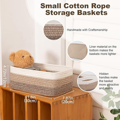 3 Pack Small Storage Baskets for Organizing, Cute Woven Decorative Gift Baskets for Shelves, Mini Closet Organizer Bins with Handles, 11.81''Lx7.87''Wx4.72''H-Brown White
