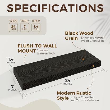 24 inch Floating Shelves Long Floating Shelves for Wall Large Wall Mounted Shelves with Invisible Brackets, Black Shelves for Bathroom, Living Room, Kitchen, Office, 24x6.7 inch deep Set of 2