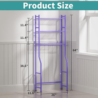 3-Tier Over The Toilet Storage with Paper Holder, Metal Bathroom Organizers and Storage for Small Space, Freestanding Bathroom Shelves with 4 Hooks, Above The Toilet Storage Shelf, Purple