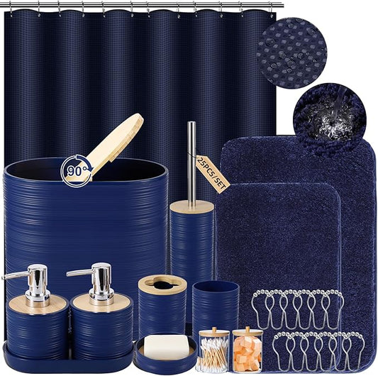 Bathroom Set - Navy Blue Bathroom Accessories Set, Bathroom Sets with Shower Curtain and Rugs, 25PC Shower Curtain Set with Hooks, Soap Dispenser, Soap Dish, Toilet Brush Holder and Trash Can