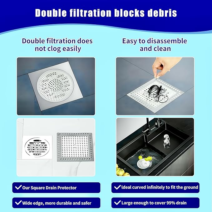 Shower Drain Hair Catcher,2Pcs,4.72'',Flat Drain Hair Catcher,Shower Drain Cover/Filter, Bathroom/Kitchen Sink Drain Strainer,Stainless Steel and TPE