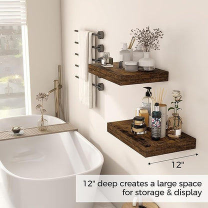 12 Inch Deep Floating Shelves, 16 x 12 Floating Shelf for Books, Rustic Wood Deep Wall Shelves for Home Storage & Display, 2" Thicked Shelves for Kitchen, Living Room, Bedroom, Rustic Brown, 2 Pack