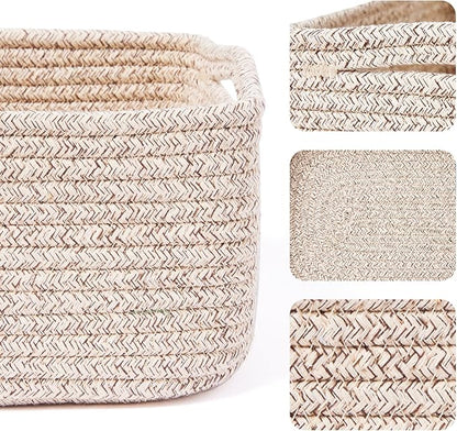 Small Storage Baskets for Organizing | Closet Organizer Bins | Shelf Toy Basket | Woven Rope Baskets | Cube Decorative Box | Shallow Basket | 13x8.5x5.1” | 4 Packs Mixed Brown