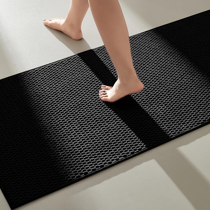 Black Bathroom Runner Rug, Long Bath Mat Washable Thin Quick Dry Low Pile Bathroom Runner Rugs 24 x 60 Non Slip, Black 24''x60''
