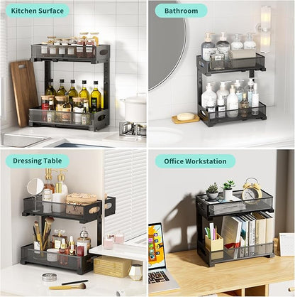 Under Sink Organizer, 1-Pack of 2-Tier Metal Slide Out Pull Out Cabinet Organizer Shelf, Height Adjustable Organization and Storage Series, Bathroom/Desktop/Cabinet/Kitchen organization, Black