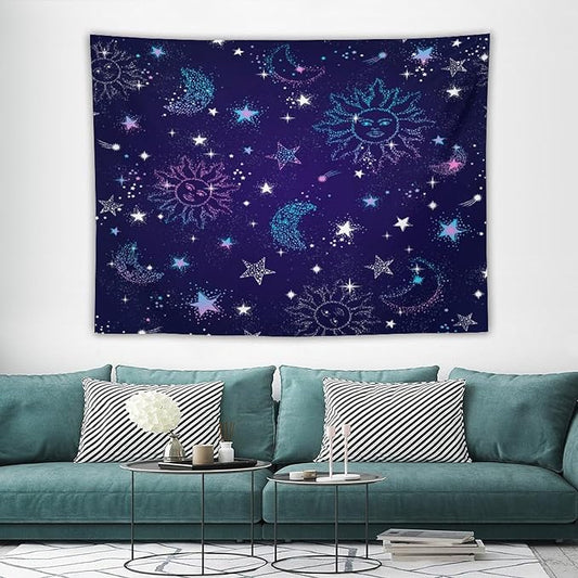HZOHNAGO Boho Sun Moon Tapestry Purple Blue Sun Stars Galaxy Pattern Printed Wall Tapestry Wall Hanging for Bedroom Living Room Dorm 80" W x 60" H