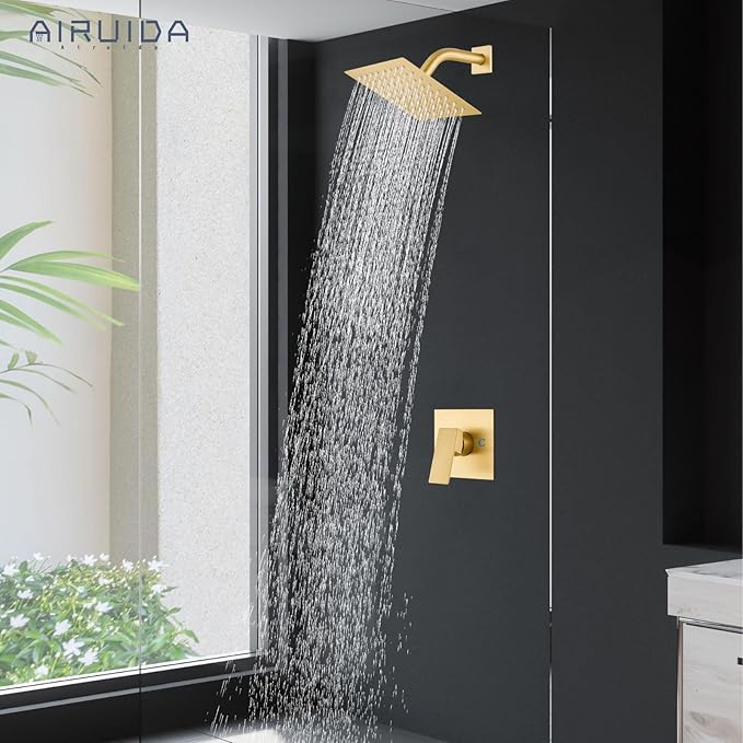 Airuida Shower Faucet Set Bathroom Rain Shower System SUS304 Stainless Steel Single Handle With Male Threads Rough-in Valve Shower Trim Kit 6 Inch Wall Mount Shower Head Brushed Gold