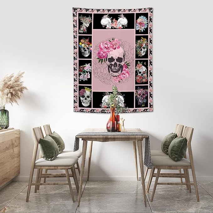 yowecso Sugar Skull Tapestry Horror Skeleton Tapestry Wall Hanging for Bedroom Rose Skull Tapestries Aesthetic Wall Decor for Home Dorm Living Room 50"x60"