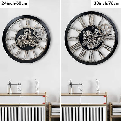 The B-Style Large Real Moving Gears Wall Clock 30 inch Rustic Retro Industrial Farmhouse Wood Clock Oversized Decorative Vintage Wall Clocks for Living Room (Black)