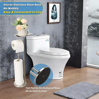 Toilet Paper Holder Stand for Bathroom Floor Freestanding Toilet Roll Dispenser Storages 4 Reserve Rolls, with Top Storage Shelf for Cell Phone (Brushed Nickel)