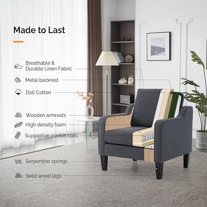 VINGLI Accent Chairs Set of 2 Living Room Chairs Dark Grey Reading Chair for Bedroom Scooped Arm Chair Mid Century Modern Linen Chairs Upholstered Comfy Chair for Apartment, Waiting Room