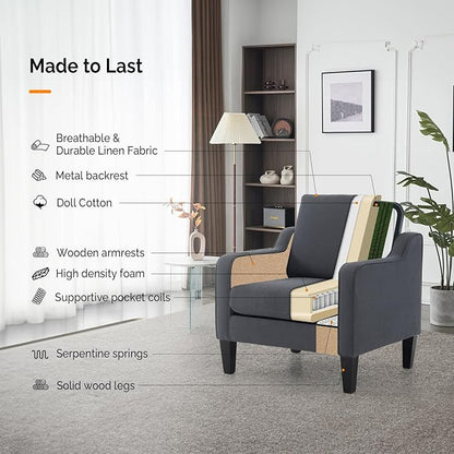 VINGLI Accent Chairs Set of 2 Living Room Chairs Dark Grey Reading Chair for Bedroom Scooped Arm Chair Mid Century Modern Linen Chairs Upholstered Comfy Chair for Apartment, Waiting Room