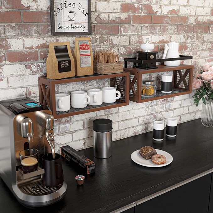 RICHER HOUSE Floating Wood Shelves with Guardrail, Rustic Brown, Wall Mounted, 2 Shelves, Farmhouse Style