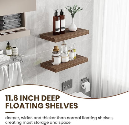 24 Inch Floating Shelves, 12 Inch Deep Floating Shelves for Wall, Floating Shelf with Invisible Brackets, Deep Shelves for Bathroom, Bedroom, Living Room, 2 Pack, Walnut