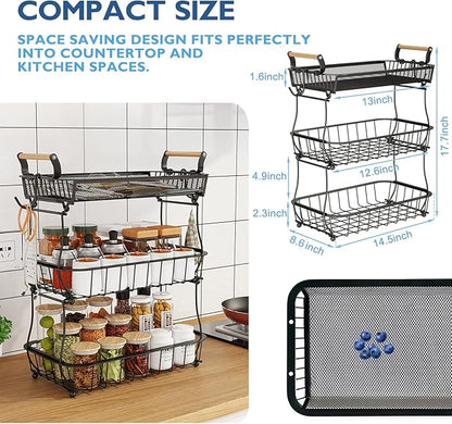 ANTOPY 3 Tier Fruit Basket with 2 Banana Hangers, Countertop Fruit Vegetable Basket Bowl for Kitchen Counter Metal Mesh Basket Fruits Stand Produce Holder Organizer for Onion Potato Bread Snack Veggie