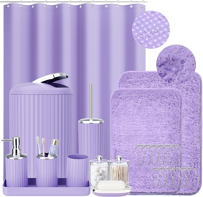 24 PCS Purple Bathroom Accessories Set with Shower Curtain and Rugs, Bathroom Sets with Extra Soft and Absorbent Bath Rugs Shower Curtain Bathroom Accessory for Bath