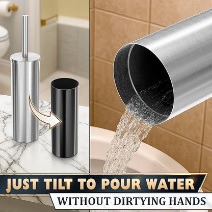 Stylish Stainless Steel Toilet Brush and Holder Set - Silver Toilet Bowl Brush and Holder with Splash Cover, Sturdy Bristles, Corrosion & Scratch Resistant - Elegant Design, Effective Deep Cleaning