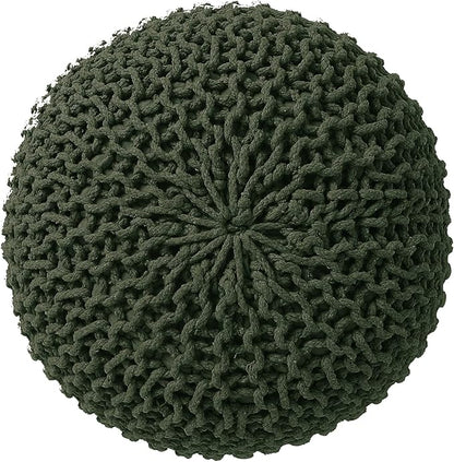 REDEARTH Round Hand Knitted Pouf - Foot Stool Bean Bag Ottoman - Cord Boho Pouffe - Poof Accent Beanbag Footrest for Living Room - Bedroom - Patio - Lounge (19.5"x19.5"x14") - Olive
