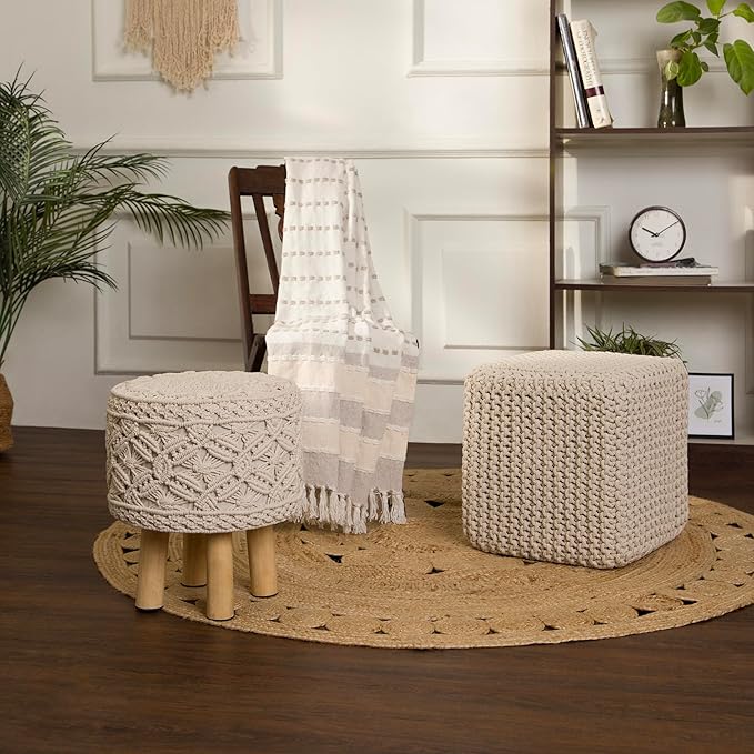 REDEARTH Square Pouf Ottoman Foot Stool - Hand Knitted Bean Bag - Cord Boho Pouffe - Accent Poof for Living Room - Nursery - Bedroom - Kids Bedroom - Patio - 100% Cotton (16" x 16" x 16") - Ivory