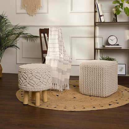 REDEARTH Square Pouf Ottoman Foot Stool - Hand Knitted Bean Bag - Cord Boho Pouffe - Accent Poof for Living Room - Nursery - Bedroom - Kids Bedroom - Patio - 100% Cotton (16" x 16" x 16") - Ivory