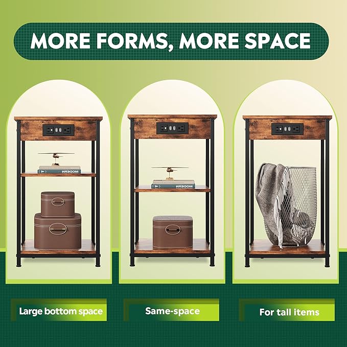 WLIVE End Table with Charging Station, Small Night Stand with 3 Storage Shelves, Side Tables for Small Spaces, Bedside Tables for Living Room, Bedroom, Rustic Brown