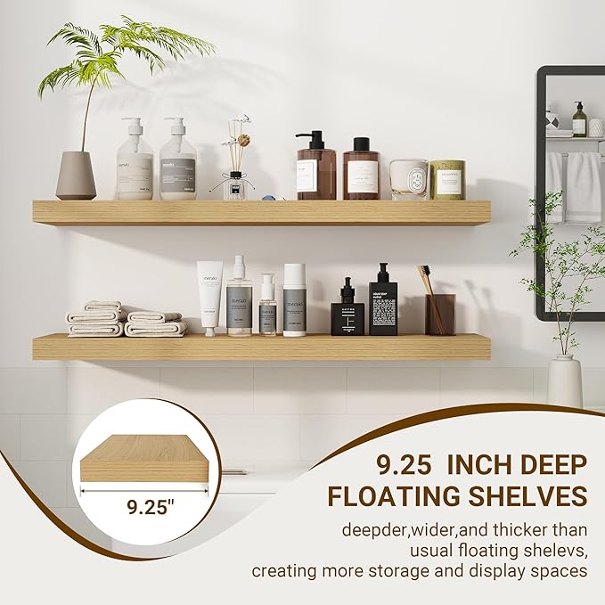 36 Inch Floating Shelves, 3D Textured Wood Grain, 36"x9.25"x1.5" Inch Deep Floating Shelves for Wall, Wooden Shelves for Bathroom, Bedroom, Living Room, Natural, 2 Pieces