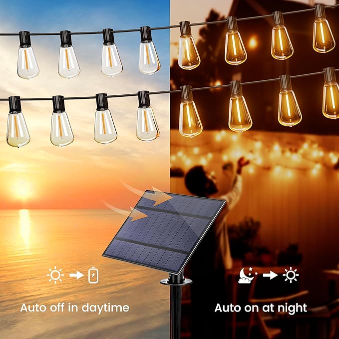 OHLUX 35FT Solar Globe String Lights Outdoor, Waterproof Solar Patio Lights with Remote, 17 Shatterproof ST38 LED Filament Bulbs, 2200K Soft White, Dimmable Edison Hanging Lights for Gazebo, Deck