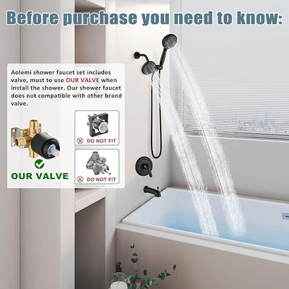 Aolemi Tub Shower Faucet Set with Tub Spout Rain Shower Head System Shower Trim Kit Pressure Rough-in Valve Included ABS 8 Setting Dual Shower Head and Handheld Spray Matte Black