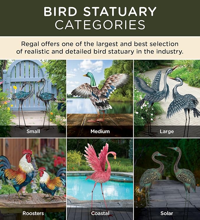 Regal Art & Gift Outdoor Garden Décor, Unique Bird Sculpture, Rustic Metal Bird Statues, Garden Ornaments, Bird Figurine for Lawn, Decorative Sculpture, Heron, Blue, Wings Down, 41"height