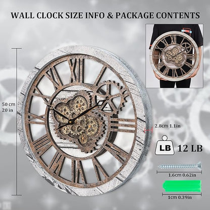 HOIBAI Large Wall Clock, 20 Inch Wall Clocks for Living Room Decor Farmhouse Vintage Rustic Kitchen Wall Decor Vintage Roman Big Oversized Wall Clock for Home Bedroom House Office, Moving Gears Clock