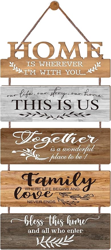 Wooden Collage Panels Home Affirmations Wall Sign- Wall Plaques for Living Room,Bedroom,Dining Room,Bathroom - Multicolor Rustic Family Farmhouse Wall Decor 5pcs