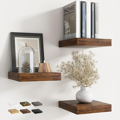 8 Inch Square Floating Shelves for Wall 3 Pack, 8"D Wood Grain Bathroom Shelves with Invisible Brackets, Easy Install Engineered Wood Storage Shelves for Kitchen, Living Room, Rustic Brown Finish