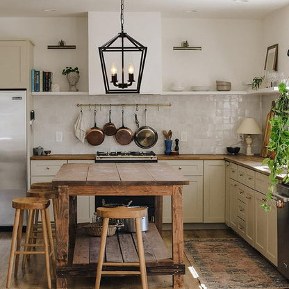 4-Light Lantern Pendant Light,Modern Industrial Black Cage Farmhouse Chandelier for Kitchen Island,12'' Rustic Metal Hanging Lighting Fixture for Dining Room Bedroom Foyer Entry Porch