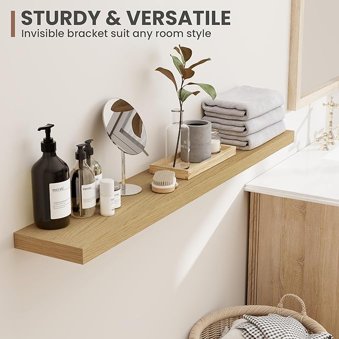 30 Inch Floating Shelves, 8 Inch Deep Floating Shelves for Wall, Hanging Shelf with Invisible Brackets, Deep Shelves for Bathroom, Bedroom, Living Room, Oak, Set of 2