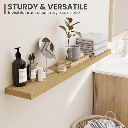 24 Inch Floating Shelves, 8 Inch Deep Floating Shelves for Wall, Hanging Shelf with Invisible Brackets, Deep Shelves for Bathroom, Bedroom, Living Room, Oak, Set of 2