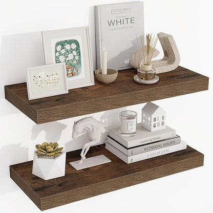 24 Inch Floating Shelves, 24"x9.25"x1.5" Inch Deep Floating Shelves for Wall, Wooden Shelves for Bathroom, Bedroom, Living Room, Brown, 2 Pieces