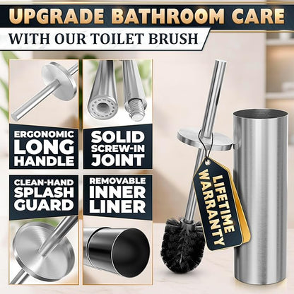 Stylish Stainless Steel Toilet Brush and Holder Set - Silver Toilet Bowl Brush and Holder with Splash Cover, Sturdy Bristles, Corrosion & Scratch Resistant - Elegant Design, Effective Deep Cleaning