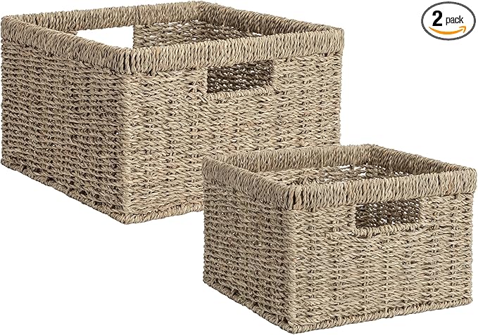 StorageWorks Wicker Storage Baskets, Large and Small Baskets, Handwoven Seagrass Basket for Organizing, Decorative Wicker Baskets with Built-in Handles, Set of 2