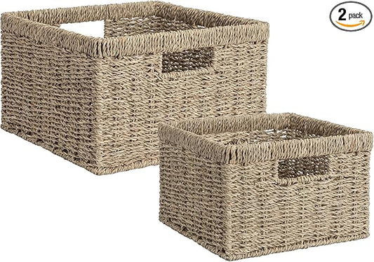 StorageWorks Wicker Storage Baskets, Large and Small Baskets, Handwoven Seagrass Basket for Organizing, Decorative Wicker Baskets with Built-in Handles, Set of 2